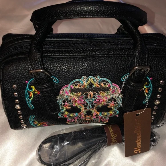 Montana West Black Faux Leather Embroidered Sugar Skull Satchel Crossbody NWT - Picture 11 of 16